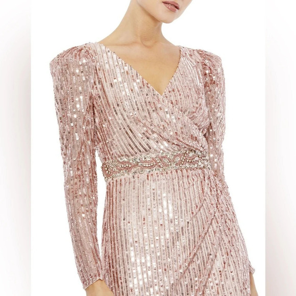 {Mac Duggal} SEQUIN PUFF SLEEVE SURPLICE GOWN - Picture 3 of 4